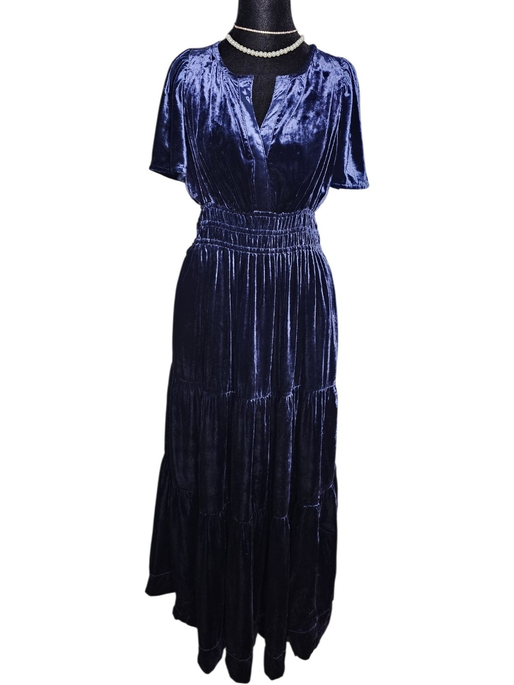 By Anthropologie Navy Blue Velvet Tiered Maxi Dress XSP
